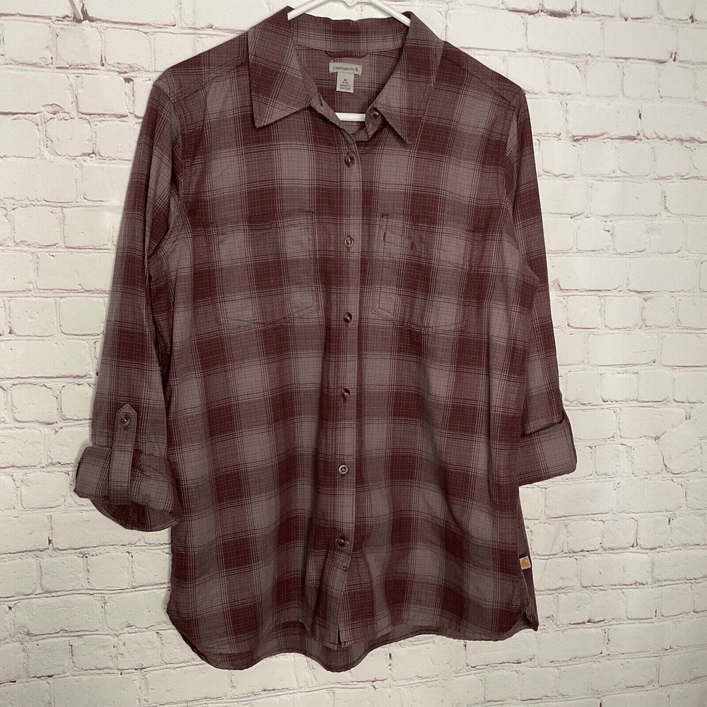 Carhartt Brown Plaid Roll Up Long Sleeve Button Up Shirt Women M Vietnam Cotton